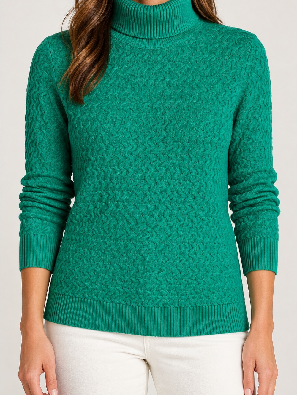 Lands' End Emerald Green Cable Turtleneck Sweater SP 100% cotton